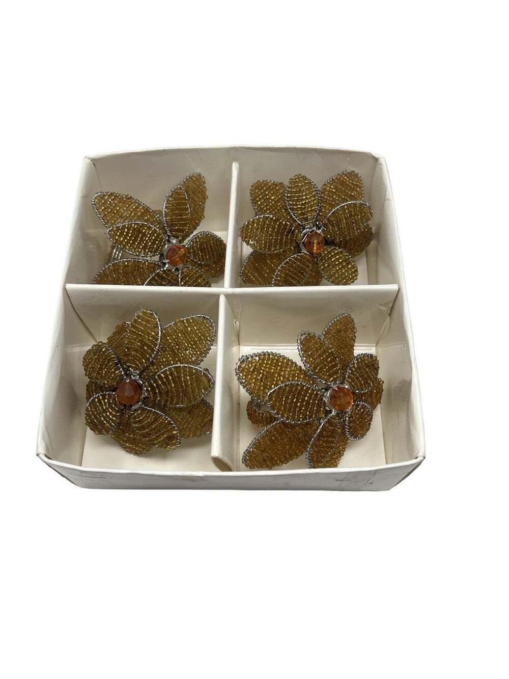 Pier 1 Beaded Amber Floral Napkin Rings Flowers Set of 4